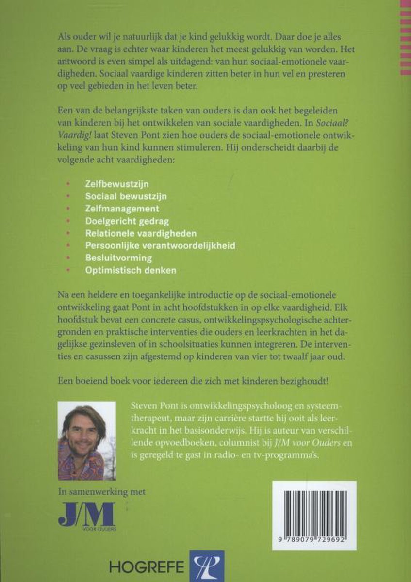 Achterkant boek met tekst over sociale vaardigheden en een foto van Steven Pont.
