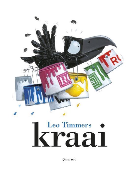 Boek 'Kraai' van Leo Timmers. Een kraai met verfblikken in zijn snavel en klauwen. Leo Timmers kraai.