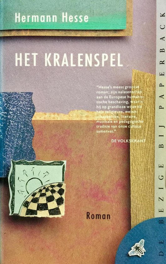 Boek "Het Kralenspel" van Hermann Hesse, met een illustratie van een schaakbord en zon. De tekst "Roman" staat onderaan.