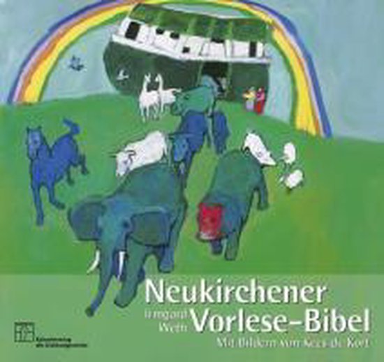 De ark van Noach met diverse dieren zoals een olifant, paard en leeuw. Op de achtergrond een regenboog. Titel: Neukirchener Vorlese-Bibel.