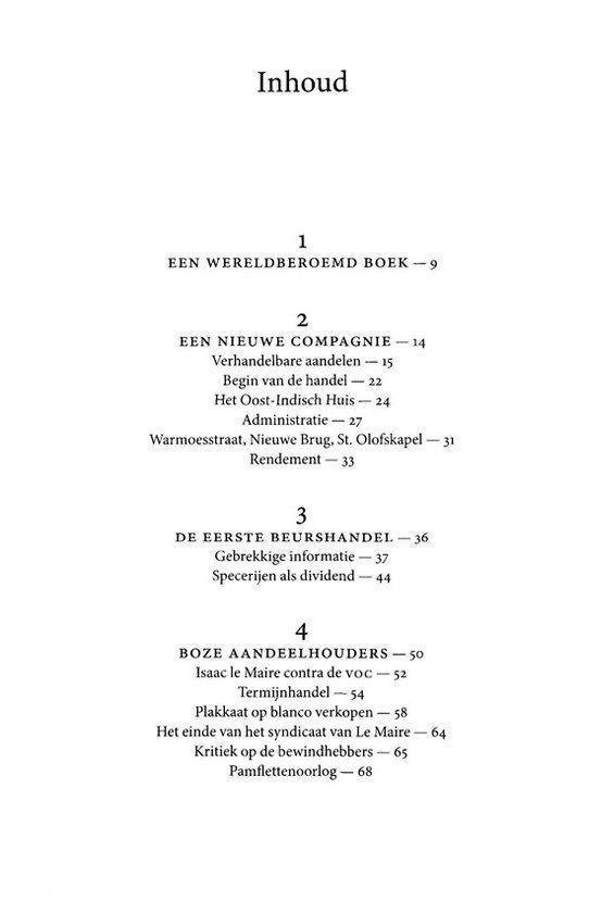 Boekpagina met de inhoudsopgave, getiteld "1 EEN WERELDBEROEMD BOEK" t/m "4 BOZE AANDEELHOUDERS".