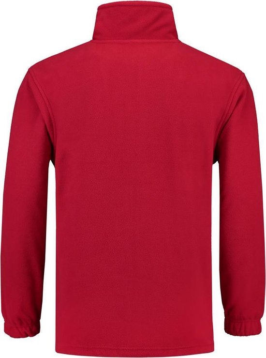 Rood fleecevest met lange mouwen, achterkant.