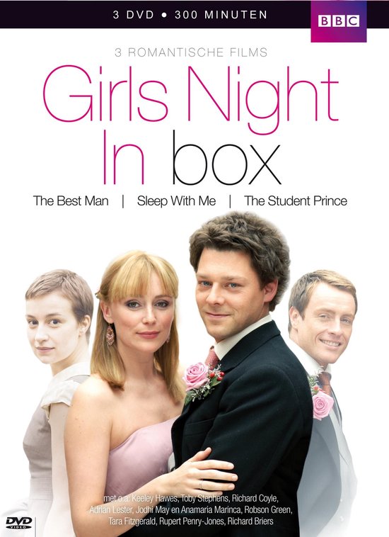 DVD-hoes met 4 acteurs. De titel "Girls Night In Box" staat in roze letters op de hoes.