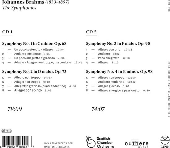 Tracklist voor Brahms: The Symphonies, inclusief symfonieën, nummers en speelduur. Met Linn Records, Scottish Chamber Orchestra en Outhere Music logo's.