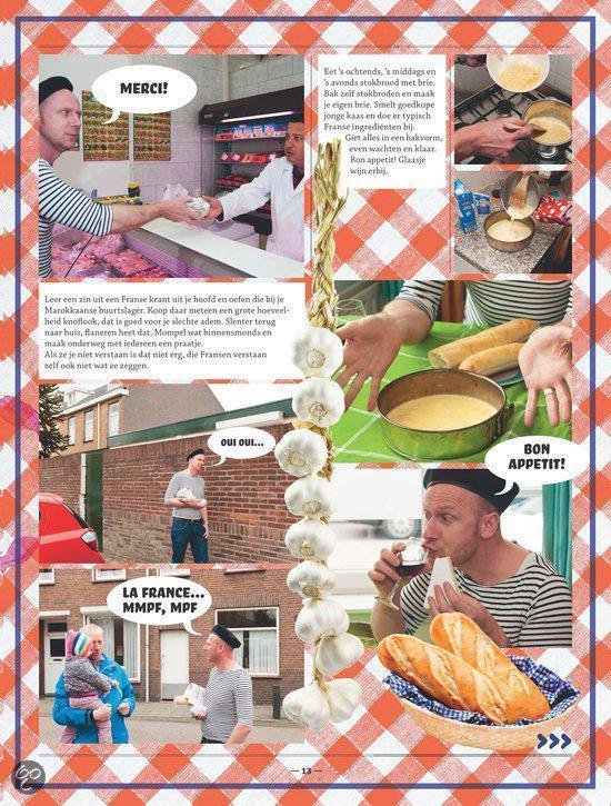 Mannen in slagerij, ingrediënten voor brood, man met knoflook en stokbrood.