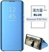 Clear View Mirror Stand Cover + 3D Full Cover 9H Tempered Glass Screenprotector voor de Huawei P30 Pro  _ Blauw
