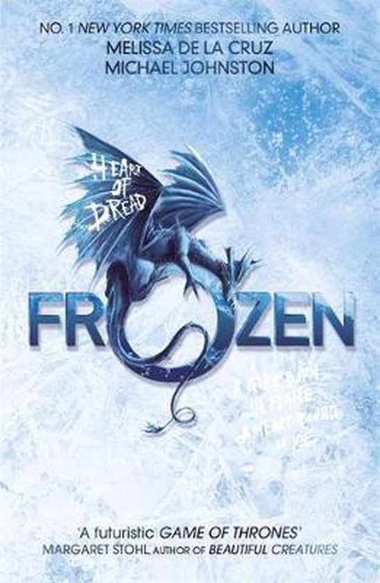 Boekomslag van "Heart of Dread: Frozen" met een blauwe draak op een ijzige achtergrond. De titel "FROZEN" is prominent aanwezig.