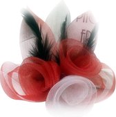 12x Broche tule 3 bloemen met veertjes rood-wit-rood