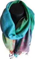 Mooie hippe sjaal van pashmina mix kleuren pauwen en bloemen lengte 180 cm breedte 70 cm.