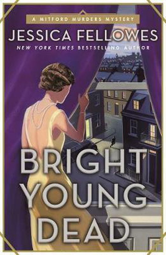 Boekcover van 'Bright Young Dead' met een vrouw in een gele jurk die door paarse gordijnen naar een stadje kijkt.