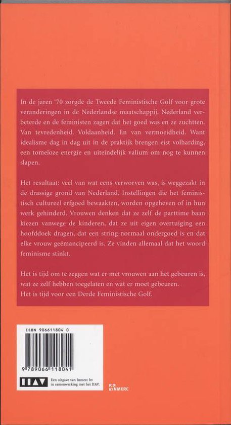 Achterkant van het boek "Het Nieuwe Onbehagen", met tekst over de tweede feministische golf en de noodzaak voor een derde golf.