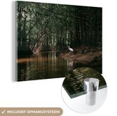 MuchoWow® Glasschilderij 150x100 cm - Schilderij acrylglas - Reiger - Bos - Meer - Foto op glas - Schilderijen