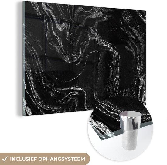 MuchoWow® Peinture sur verre 60x40 cm - Peinture acrylique sur verre - Marbre - Zwart - Luxe - Argent - Photo sur verre - Peintures