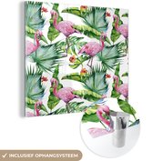 MuchoWow® Glasschilderij 50x50 cm - Schilderij acrylglas - Bladeren - Flamingo - Bloemen - Jungle - Foto op glas - Schilderijen