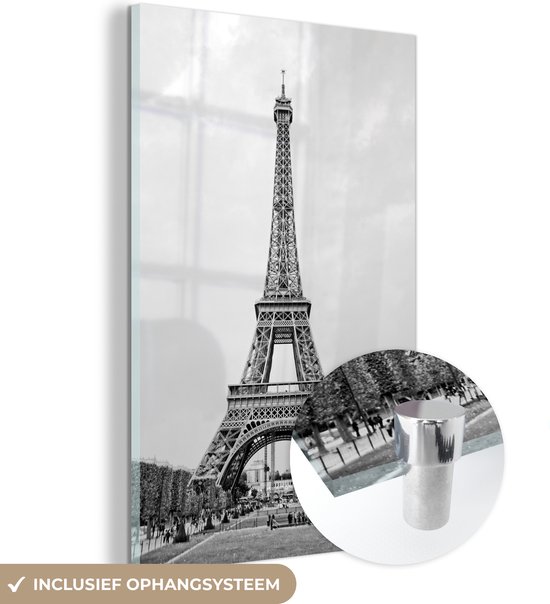 MuchoWow® Glasschilderij - Zwart-Wit foto van de Eiffeltoren - Acrylglas Schilderijen - Foto op Glas