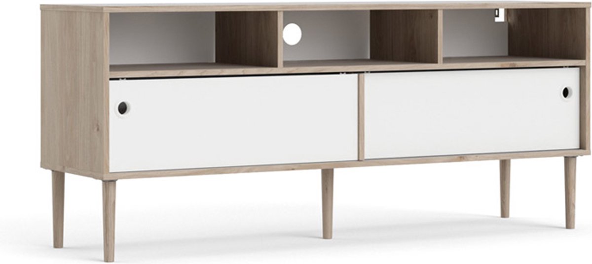 Tvilum Penny TV-meubel 2 schuifdeuren en 3 vakken Hickory decor en mat wit.
