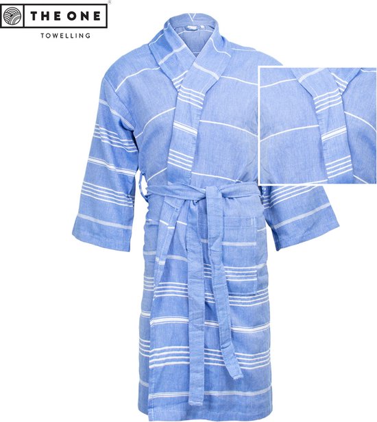 The One Towelling Hamam Badjas - XXL/XXXL - Kamerjas - 100% katoen - Blauw/Wit