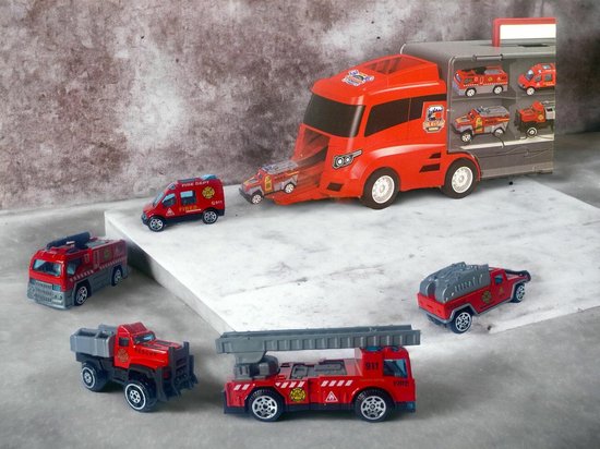 Brandweer vrachtwagen set - transporter - 6-delig koffer set - Container Truck - 36.4 cm van Speelgoedwereld — afbeelding 4