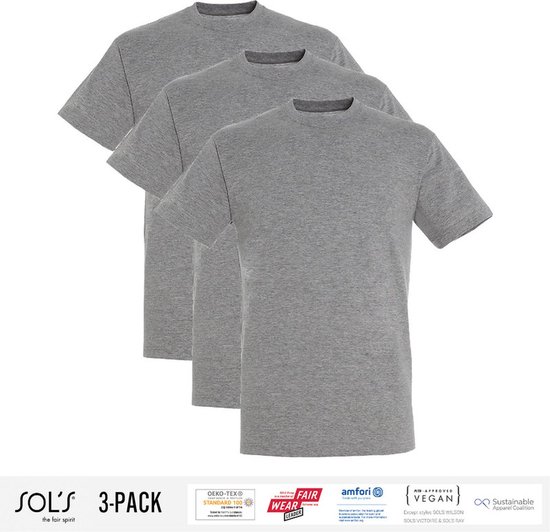3 Pack Sol's Heren T-Shirt 100% biologisch katoen Ronde hals Grijs Maat 4XL