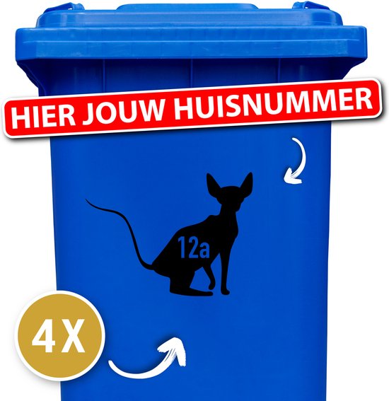 Container Sticker - Kat Sphynx met Huisnummer - 10 x 15 cm - 4 stuks - Zwart - Container Sticker Kat - Klikostickers