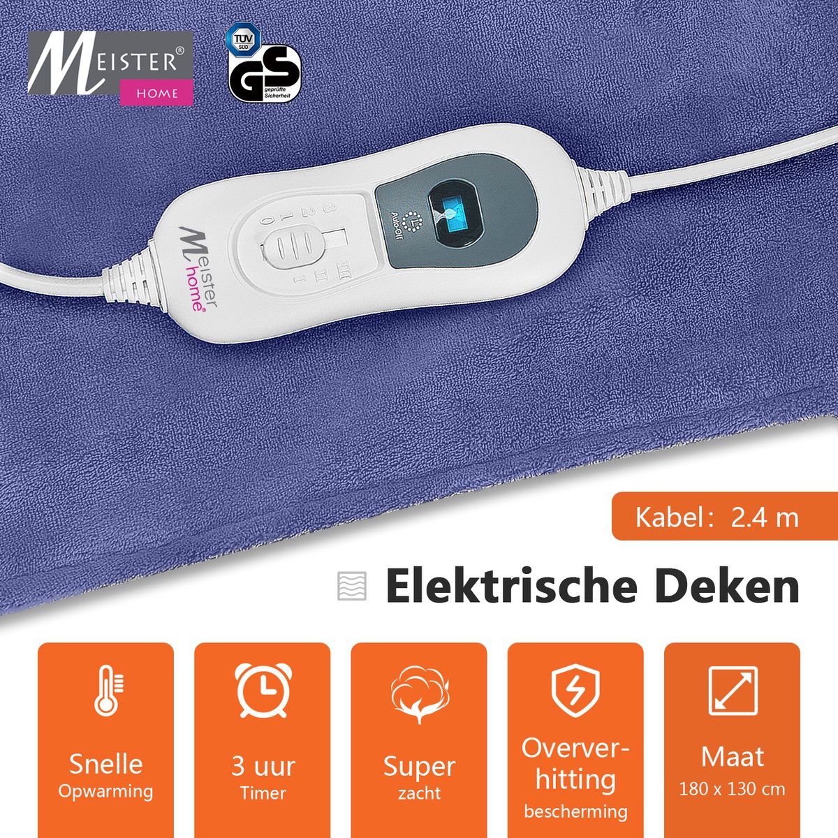 Meisterhome xxl Elektrische Warmtedeken - Bovendeken - 1 Persoons - 3 Standen - Met Timer - 180 x 130 cm - Donker blauw TÜV-SUD GS CE – foto 7