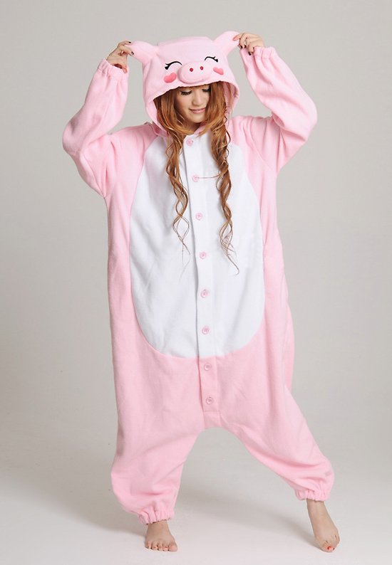 KIMU Onesie Varken Pak - Maat 152-158 - Varkenspak Kostuum Roze Big Zwijn - Zwijn Kinderen Jumpsuit Pyjama Huispak Jongen Meisje Fleece Festival