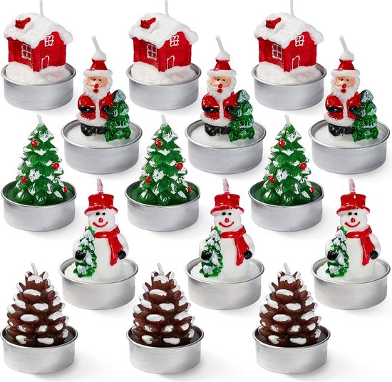 15 Mini Kerst Theelichtkaarsen, 5 Ontwerpen, 5x4cm - Kersttafeldecoratie, Cadeau voor Familie en Vrienden
