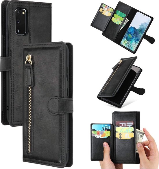Coque de téléphone noire en similicuir avec fermeture éclair, porte-cartes et coque de téléphone.