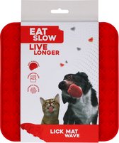 Eat Slow Live Longer Likmat - 20 x 20 cm - Snuffelmat - Anti-schrok Mat - Slowfeeder - met Golf - Twee patronen - 100% Siliconen - Vaatwasserbestendig - Rood