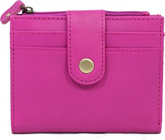 Paars/roze portemonnee van leer - lederen portefeuille in het fel paars/roze - 10 x 13 cm - ritsvak en drukknoop - ruimte voor min 8 passen - STUDIO Ivana