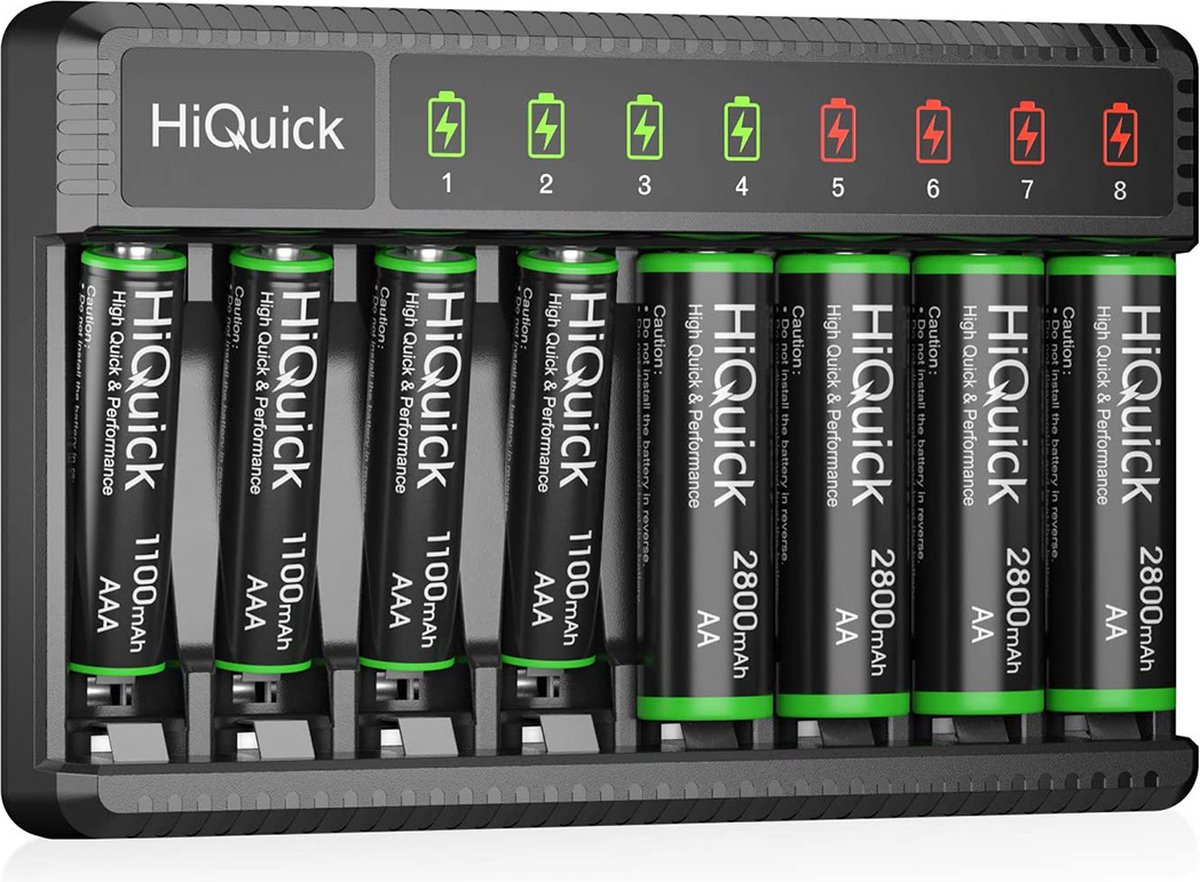 HiQuick - High Speed Batterijlader met 4x AA/ en 4x AAA Batterijen - Batterij oplader met LCD Indicatoren voor Oplaadbare Batterijen