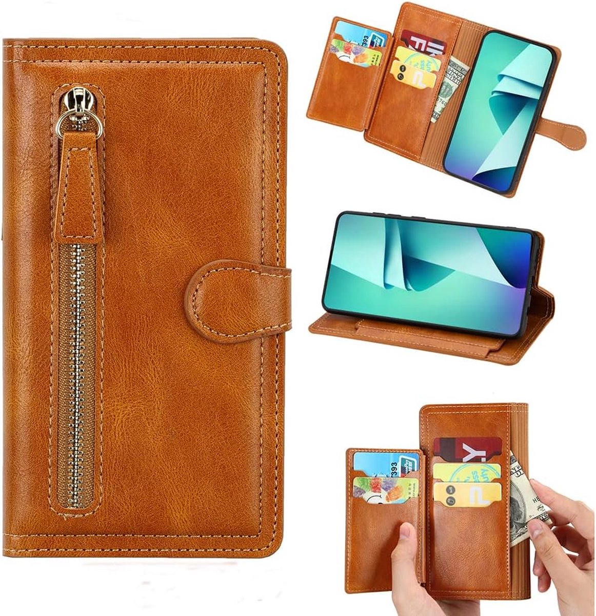 Premium vintage portemonnee hoesje met ritssluiting flip-cover hoes met kaarthoudersleuven Geschikt voor: Samsung Galaxy A23 5G - licht bruin