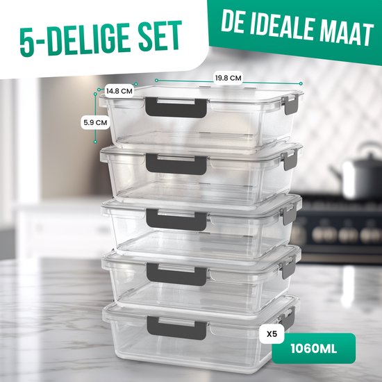 Avalo Boîtes de conservation Glas - Récipients de Prep de repas - Récipients de congélation - Avec couvercle - 5 pièces 1060 ml