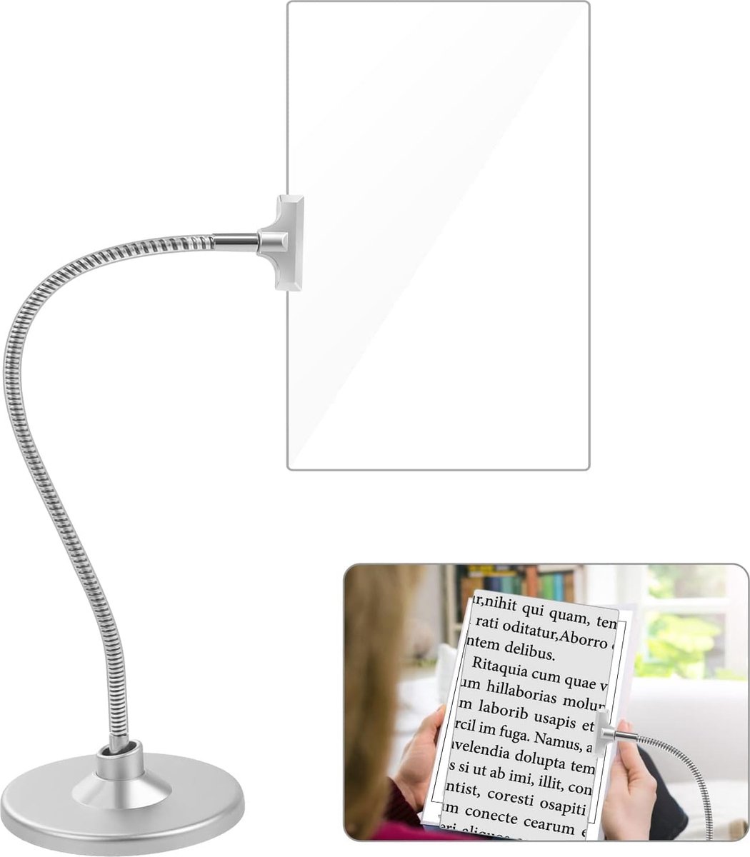 Lupa 4 x vergrootglas met standaard, flexibele zwanenhalsloep, grote pagina leesloep voor het lezen van kleine prints voor senioren met slecht zicht met verouderde ogen, sliver