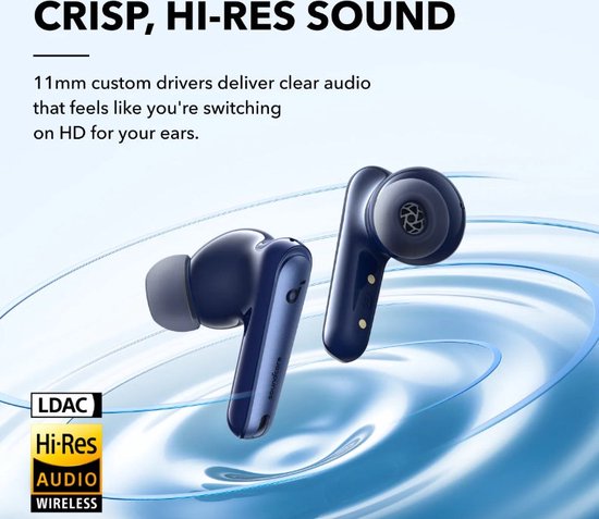 Twee donkerblauwe oordopjes met geluid golven eromheen. Hi-Res AUDIO, LDAC, WIRELESS.
