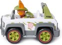 Witte PAW Patrol jungle cruiser met Tracker speelfiguur in legergroene hoed en outfit. Camouflagepatroon op de zijkant.