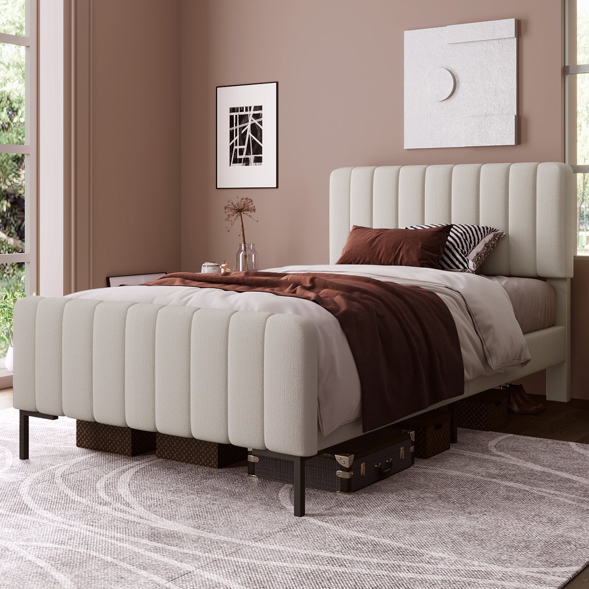 Gestoffeerd bed eenpersoonsbed 90 x 200 cm, bedframe met lattenbodem en verstelbaar hoofdeinde, gestoffeerd bed in beige, bedframe jeugdbed voor slaapkamer logeerkamer linnenmateriaal