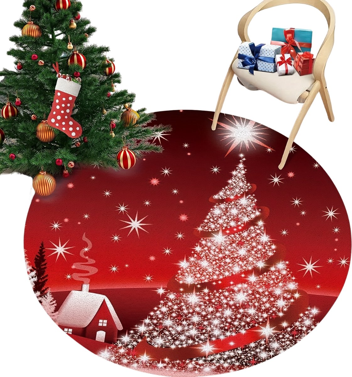 Stijlvolle ronde kerstboomrok in rood en wit, geschikt voor kunstbomen, met een diameter van 100 cm.