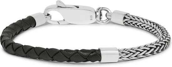 SILK Jewellery - Zilveren Armband - Roots - 355BLK.17 - zwart leer - Maat 17