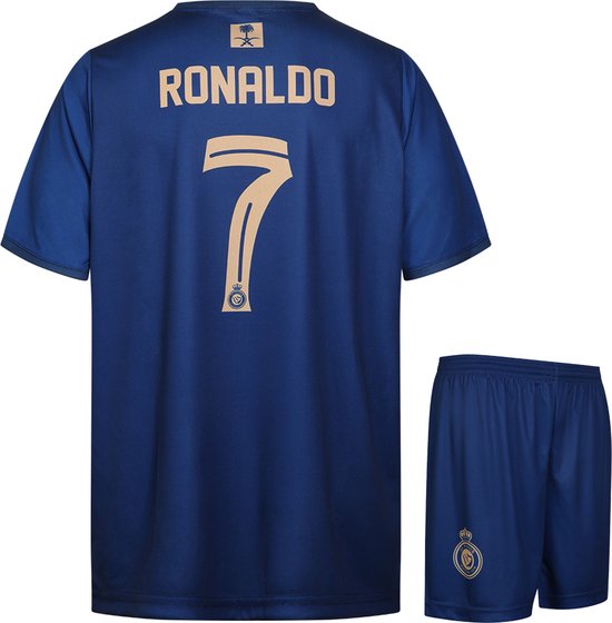Dos du maillot de football bleu marine avec texte doré RONALDO 7 et logo du club.