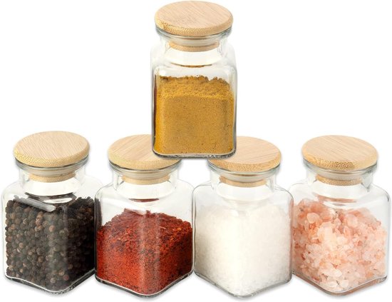 Schramm® Kruidenpotjes 150 ml vierkant 5,5 x 5,5 x 10 cm met bamboe sluiting incl. etiketten naar keuze 6, 12 of 24 stuks voorraadpotjes, Grootte:12 Stück