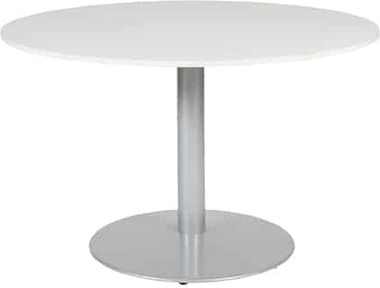 Schaffenburg linesto 120cm ronde vergadertafel op vaste hoogte (74cm) met havana/ kersen licht 25mm blad en witte (ral9010) trompetvoet