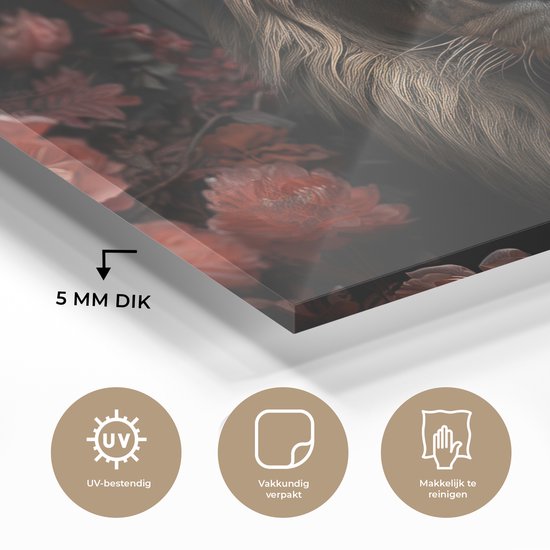 MuchoWow® Peinture sur verre 120x80 cm - Peinture sur verre - Lion - Animal - Nature - Botanique - Fleurs - Rose - Photo sur verre acrylique - Peintures