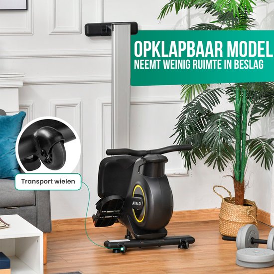 Zwarte opklapbare Avalo roeitrainer met transportwielen, ruimtebesparend.