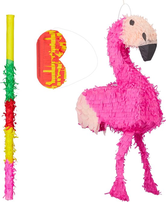 Foto: Relaxdays 3 delige pinata set flamingo pinatastok blinddoek pinata accessoires