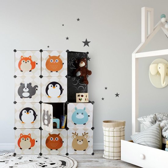 kinderkamer kast met diermotieven - kunststof - steeksysteem - deuren - kledingkast - roede - kleurrijk