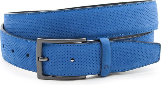 JV Belts Sportieve riem licht blauw nubuck - heren en dames riem - 3.5 cm breed - Licht Blauw - Echt nubuck leer - Taille: 110cm - Totale lengte riem: 125cm