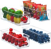 FINEW Fridge Organiser Set of 4, Stackable Kitchen Storage Box, Small Fridge Boxes with Handle, Transparent Container for Kitchens, Cupboards, Freezer, Pantry - BPA-Free
