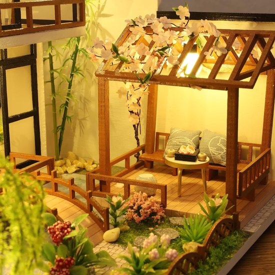 Miniatuur Chinese stijl drie verdiepingen villa poppenhuis, houten meubels, doe-het-zelf poppenhuis kit met LED creatieve kamer, volwassen tiener kinderen cadeau