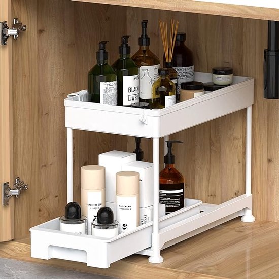 Étagère de rangement sous évier, 2 niveaux extensibles sous armoire, tiroir  à panier